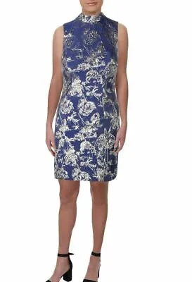 $290 Aidan Mattox Women'S Blue Metallic Mock-Neck Sleeveless Party Dress Size 12 • $66.78