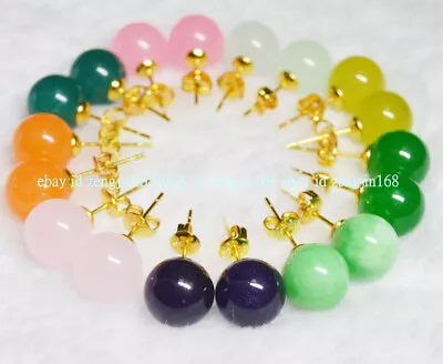 Wholesale AAA 9Pairs 10mm Multi-color Natural Jade Round Gems Gold Stud Earrings • $9.50