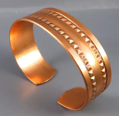 Vintage BELL TRADING Solid Copper Cuff Bracelet STAMPED POINTED SQUARES PATTERN • $14.40