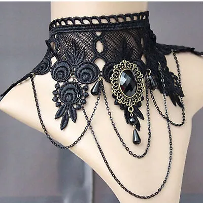 Black Gothic Choker Fabric Necklace Chain Pendant Cotton Vintage Victorian Beads • $13.55