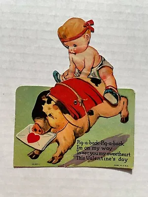 Vintage 1930's Mechanical Valentine's Day Card - Kid Riding A Pig - Piggy Back • $35