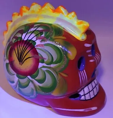 Hand Painted Ceramic Sugar Skull Day Of The Dead Cozamel Mexico Mohawk GLOWS • $22.50