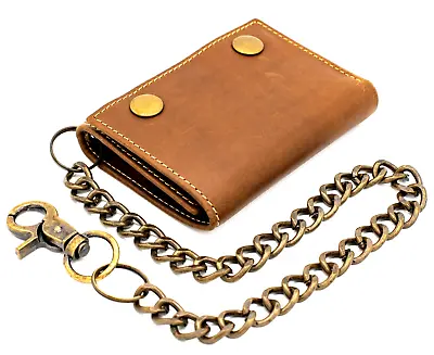 RFID Leather Rustic Brown Biker Snap Closed Trifold Chain Wallet For Men J110RB • $29.99
