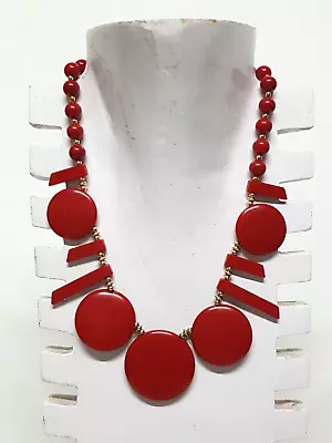 Vintage Crown Trifari Geometric Modernist Red Lucite Gold Tone Beads Necklace • $45