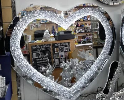  Heart Shaped Wall Mirror  Diamond Crushed Crystal With LED Light  80×70cm • £99.99