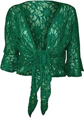 New Womens Floral Lace Sequin 3/4 Bell Sleeve Tie Up Shrug Cardigan Plus Size • £20.99