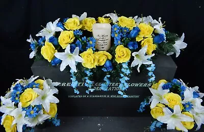 Remembrance Solar Light Candle Double Cemetery Flower Headstone Saddle + Bushes • $229.99