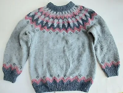 Vintage Heavy Hand Knit Blue Argyle LS Crewneck Sweater Size ~Large 21  Chest • $21.99