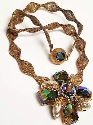 Vintage HAR Rhinestone Lava Baroque Pearl Fern Leaf Pendant Necklace Mesh Chain • $400