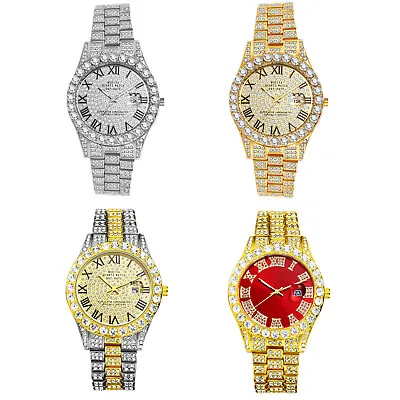 Men Luxury Hip Hop Gold Plated Lab Created Diamond Band Date Quartz Analog Watch • $24.99