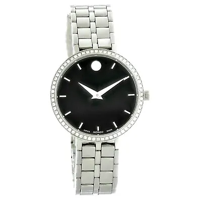 Movado $1495 Kora Dazzling Diamonds Silver Black Dial Swiss Watch 0607385 • $537.42