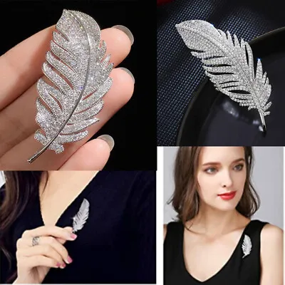 £3.35 • Buy Womens Men Crystal Feather Leaf Brooch Lapel Pins Wedding Suit Collar Clip Chain