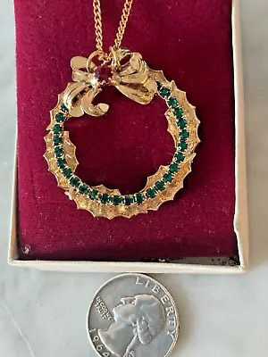 Vtg Christmas Necklace 16” Chain With Colored Glass Rhinestone Wreath Bow • $12.74