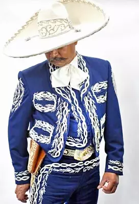 Men's 3Pc Tailor Made Blue Cotton Embroidered Mariachi Men's Suits For Wedding • $1809.99