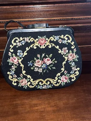 Large Vintage Needlepoint Tapestry Bag Floral W/leather Trim And Strap 50’s • $225