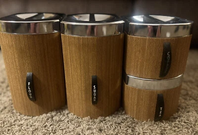 $25 • Buy Set Of 4 Vintage Square Kromex Kitchen Canister Complete Faux Wood