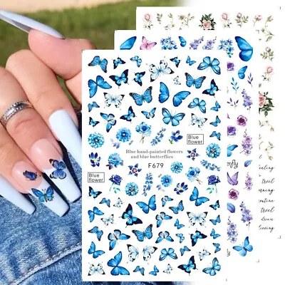 $2.99 • Buy 3D Nail Art Decals Blue Butterfly Rose Tulip Flowers Leaf Self-Adhesive Stickers