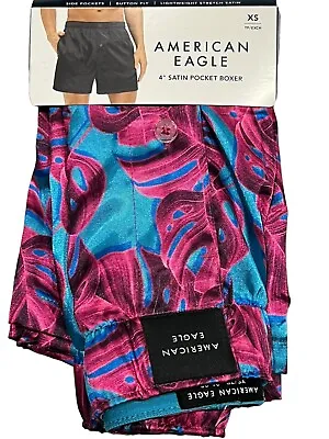 NWT AMERICAN EAGLE Satin Pocket Boxer Sz XS-S-M-L-XL Blue Pink Leaves #47A • $27