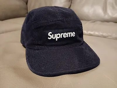 Supreme SS16 Navy Blue Box Logo Corduroy 5 Panel Leather Strap Camp Cap OSFA USA • $65