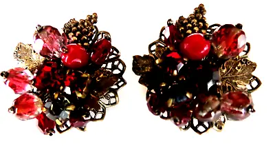 Vtg High End Red Wired Glass Beaded CLIP EARRINGS W Grapes & Leaves • $30.40