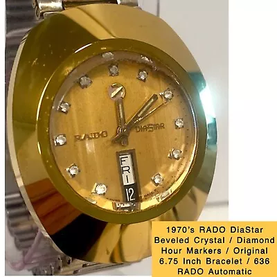 1970’s RADO DiaStar Automatic Champagne/35mm Goldtone 6.75” Bracelet Mens Watch • $399