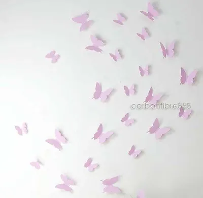 Pink 3D Butterfly Wall Stickers Art Decal 12pcs Butterflies Decoration Kids Room • £2.95
