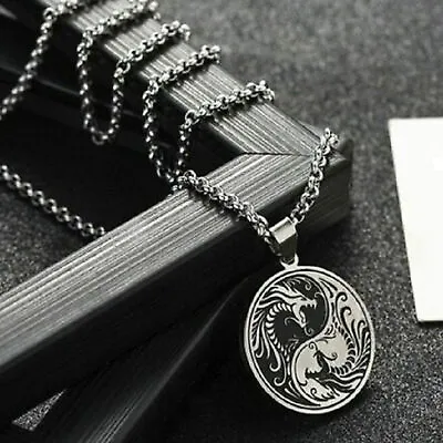 Mens Stainless Steel Protection Amulet Dragon Yin Ying Yang Pendant Necklace Men • £6.10