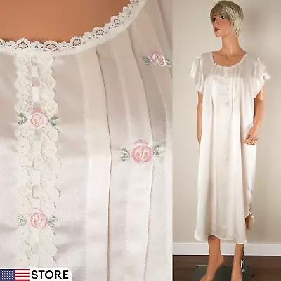 💖 BARBIZON Vintage Pearl Satin Nightgown Short Sleeve Embroidered Lace Trim L • $21.99