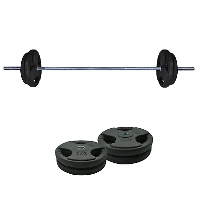 30kg Rubber Coated Ez Grip Cast Iron Weight Plate + 150cm Barbell Bar Weight Set • $141.58