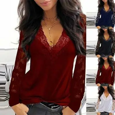 £5.09 • Buy Womens Lace Long Sleeve Tops Ladies V Neck Casual Loose Pullover T-Shirt Blouse
