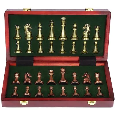 Retro Metal Chess Set With Folding Wooden Chess Board And Classic Handmade St... • $59.41