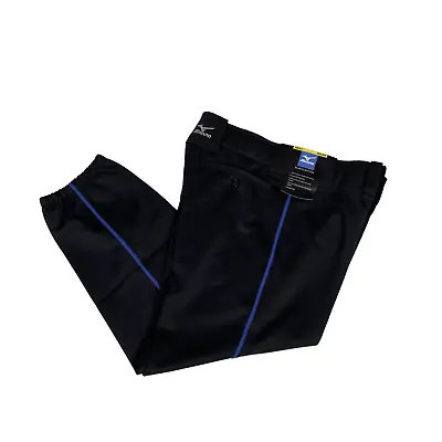 Mizuno Womens Softball Pants M Black Blue Piped Elastic Bottom Double Knee Crop • $20.32