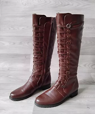 £24.99 • Buy Pavers Brown Knee High Low Heel Boots Euro 39 UK 6 Button Victorian Style 