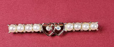 Vintage Sarah Coventry Brooch Pearl Bar Pin Heart Signed Gold Tone  FAUX • $9.99