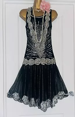 Vintage 1920s Beaded Sequin Charleston Flapper Gatsby Evening Prom Dress Size 14 • £39.99