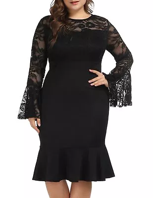 Hanna Nikole Plus Size Womens Bell Sleeve Fit And Flare Dress Lace Pencil Sheath • $29.59