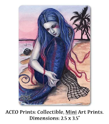 Fantasy Art ACEO PRINT Mermaid Art Sunset Blue Pink Beach Ocean Shore Sky • $5.40