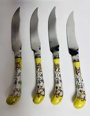 Floraine A.E. Lewis Sheffield Silver-plate Yellow Porcelain Handle Steak Knife 4 • $99