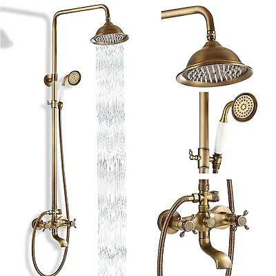 Antique Brass Bathroom Shower Mixer Taps Exposed Valve Twin Head Rain Shower Set • £95