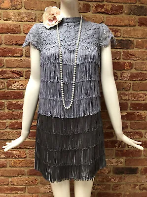 Oasis Grey Lace Fringe 20s Flapper Charleston Gatsby Dress Size UK 8 EUR 34 • £39.95