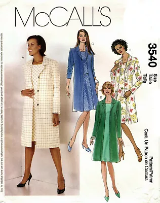 McCalls 3540 Misses Dress & Coat Sewing Pattern Uncut Size 8 10 12 14 • $9.24