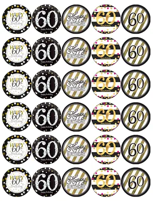 30x 60th Birthday Black Gold Cupcake Toppers Edible Wafer Paper Fairy Toppers • £2.59