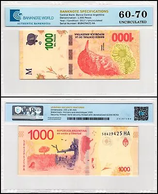 Argentina 1000 Pesos 2017 ND P-366a.4 UNC Authenticated Banknote • $14.99