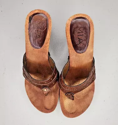 Vintage 90s Y2k Bratz MIA Brown Leather Wood Sole Slides Heeled Sandals 7 EUC • $50