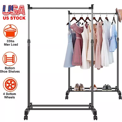 Single/Double Adjustable Clothes Hanger Rolling Garment Rack Duty Rail Organizer • $24.17