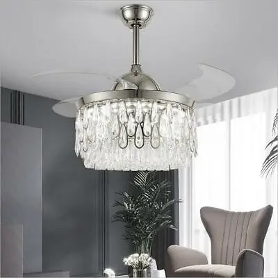 42  Luxury Retractable K9 Crystal Ceiling Fan With Light And Remote Chandelier  • $124.94