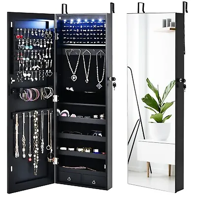 LED Lighted Jewelry Cabinet Wall Mounted & Door Hanging Jewelry Armoire Mirror • £69.95
