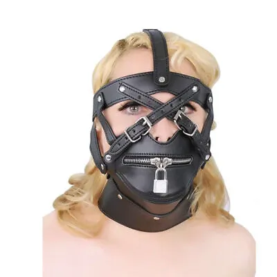 PU Leather Trainer Head Hood Mask Open Mouth Panel Gag Ball Gag Bondage Harness • $25.79