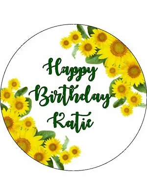 Sunflower Birthday Personalised Icing Or Wafer Edible Printed Cake Topper Round • £5.91