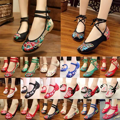 £15.02 • Buy Women Embroidery Chinese Floral Wedge Flat Ballet Dance Ankle Strap Ballet Shoes
